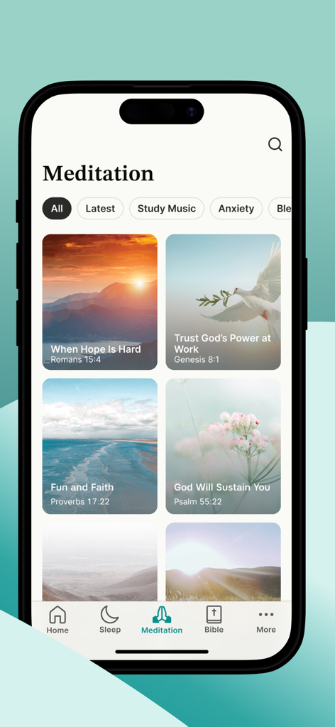 The Meditation screen of the Abide app featuring various Biblical topics and Scripture references