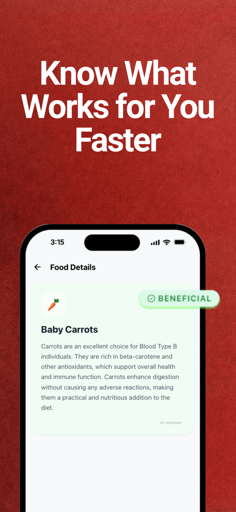 Blood Type Foods App - 血液型別食品アプリでB型血液型に有益な食品選択としてベビーキャロットを表示するモバイル画面