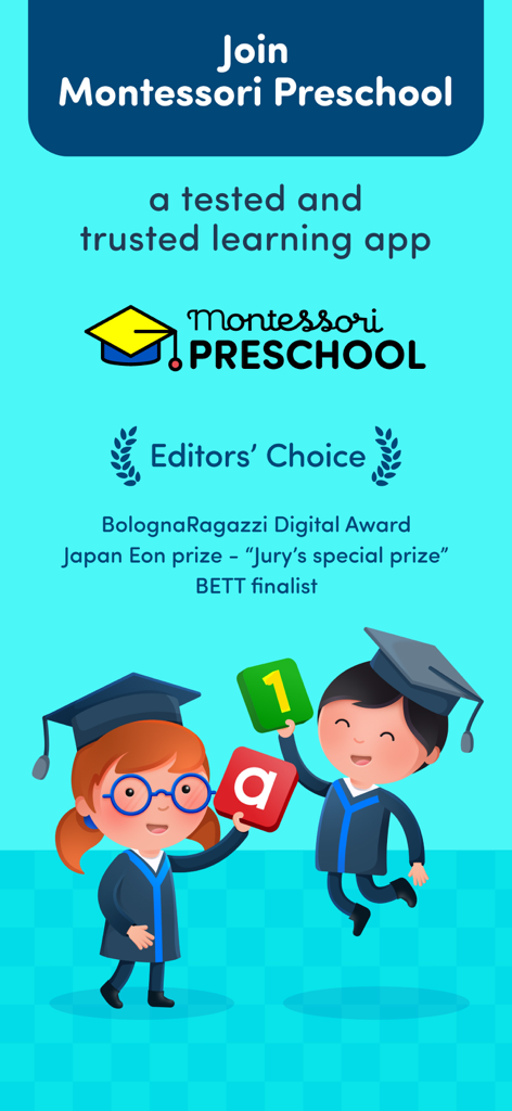 Montessori Preschool Lern-App mit zwei Kindern in Absolventenhüten und Branchenauszeichnungen