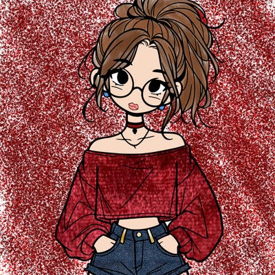 girl with a messy ponytail glasses a baggy crop top and jean shorts