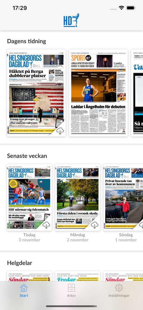 La pantalla de inicio de la aplicación HD E-tidning mostrando las portadas de los periódicos digitales de hoy y de la semana pasada.