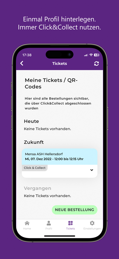 Oberfläche der studierendenWERK BERLIN App, die den Bereich Click and Collect Tickets mit einer Liste anstehender Cafeteria-Bestellungen zeigt