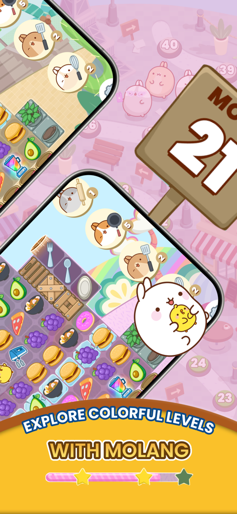 Molang Match'n Munch - Molang Match'n Munch mobile game screenshot showing colorful match-3 puzzle levels with cute characters.