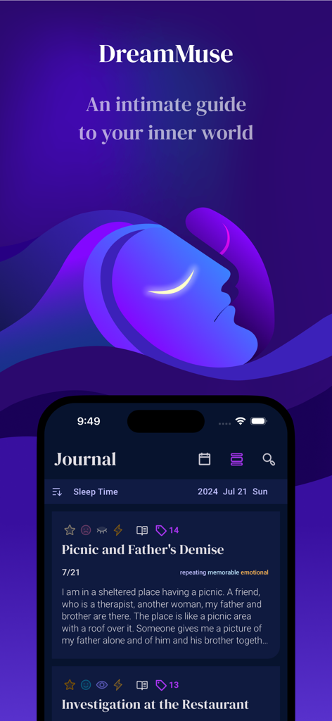 DreamMuse - DreamMuse app displaying a dream journal list and a minimalist sleeping face graphic.