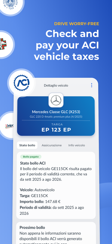 Easypol - PagoPA e Bollo auto - Interfaz de la aplicación Easypol que muestra el estado del pago del impuesto de circulación y los detalles del vehículo