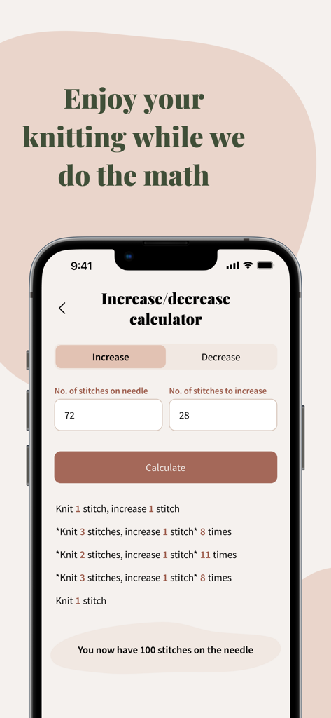 Knitandnote: Knitting App - Increase and decrease stitch calculator in the Knitandnote app