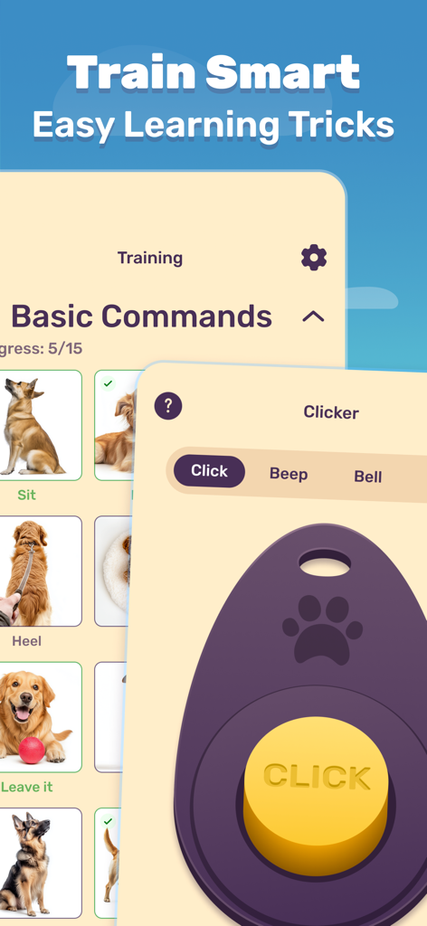 Jolly Dog: Game For Pets - Dog training app screen showing basic commands and a virtual clicker feature.