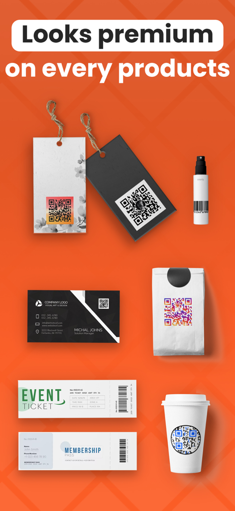QR Code: Generator & Maker - Custom QR codes displayed on various professional products like business cards and tags