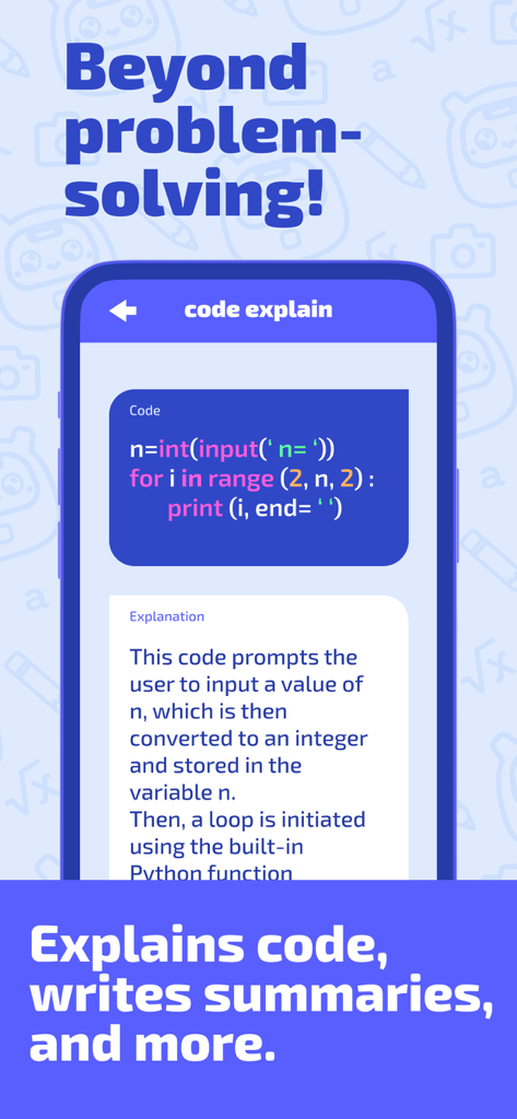 Study AI: Math Homework Helper - A mobile interface of Study AI showing a Python code snippet with a detailed AI-generated explanation.