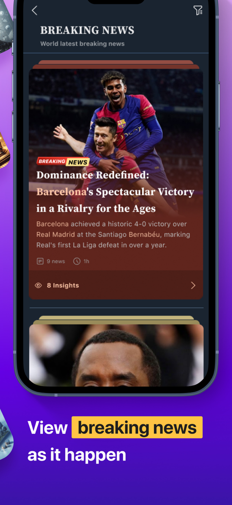 NewsCvg: World News Coverage - 속보 세계 뉴스 및 스포츠 요약을 표시하는 NewsCvg의 모바일 앱 인터페이스