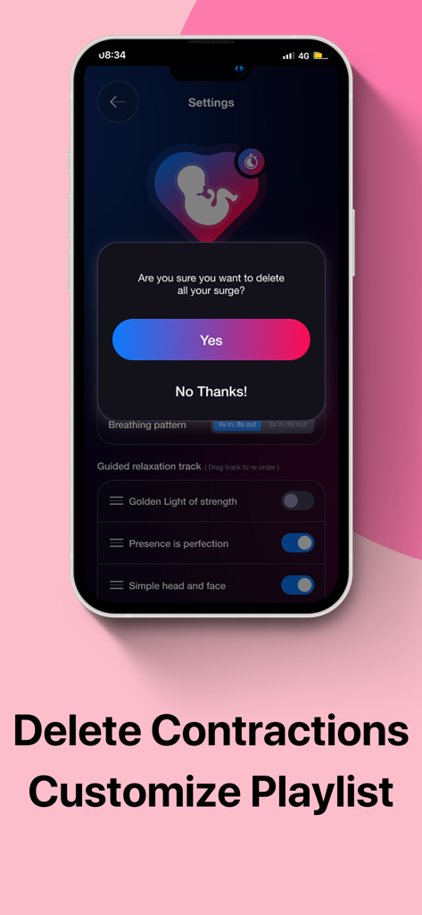 Contraction Timer · - Pantalla de configuración de la aplicación Contraction Timer que muestra opciones para eliminar datos y personalizar pistas de relajación para el parto