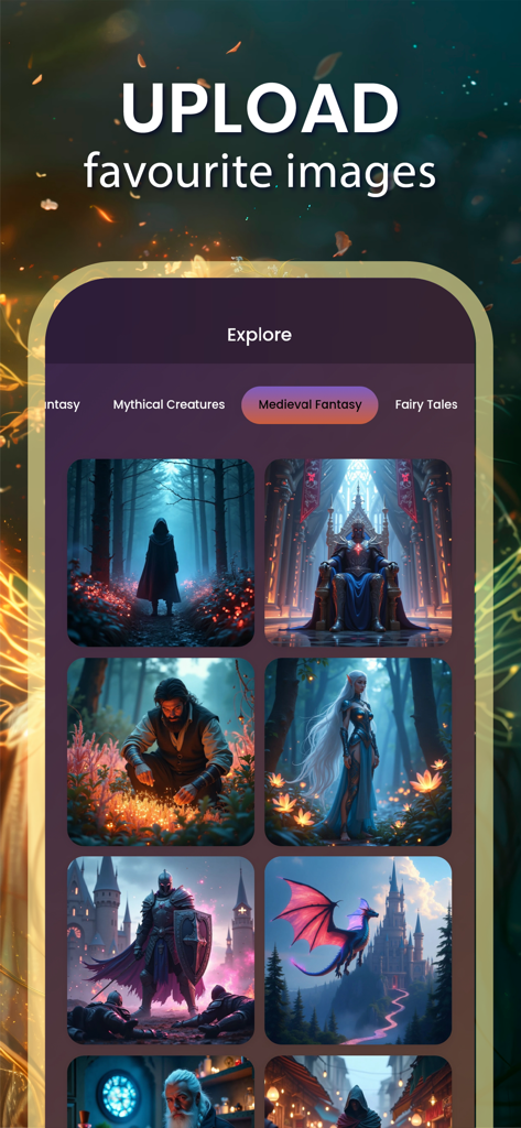 Fantasy AIアプリのエクスプロア画面。騎士、ドラゴン、魔法使いを含む中世ファンタジーアートスタイルのグリッドを表示