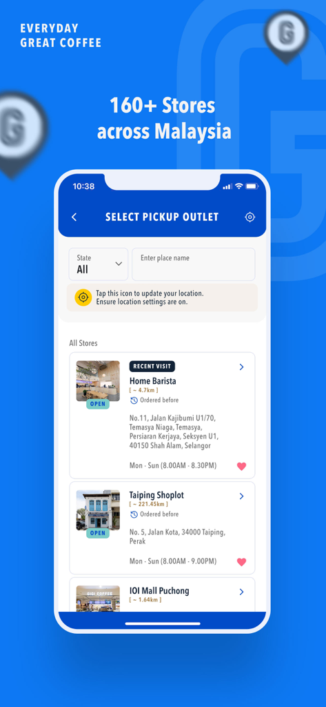 Gigi Coffee - Gigi Coffee app screen showing pickup outlets in Malaysia