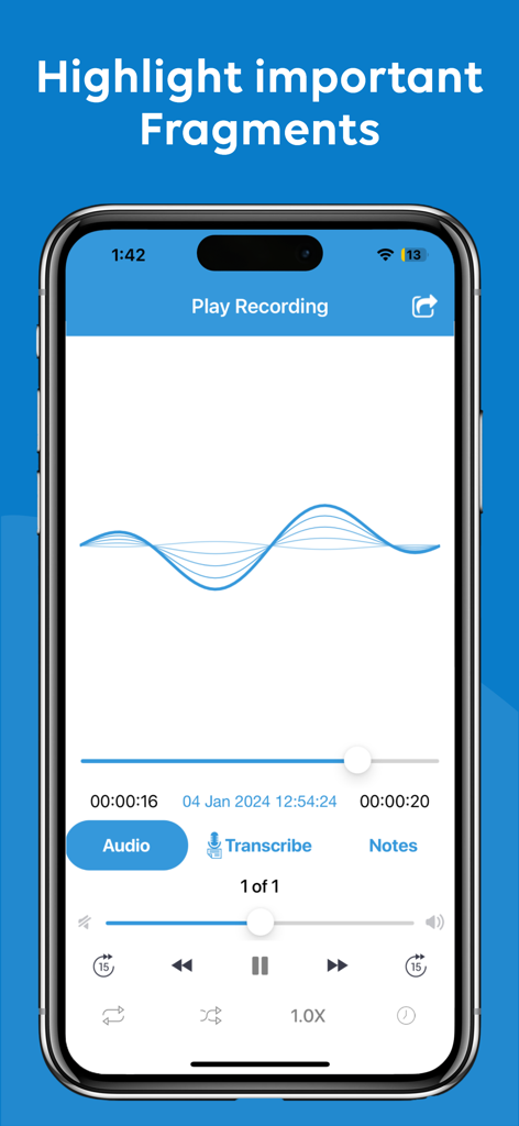 Voice Memos & Sound Recorder - Mobile app interface showing a voice recording waveform with options for transcription and notes.
