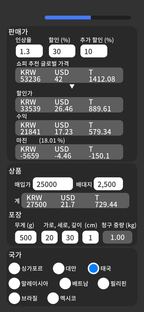 Shopee PriceTool - Shopee PriceTool interface showing cross-border e-commerce pricing and margin calculations with currency conversions.