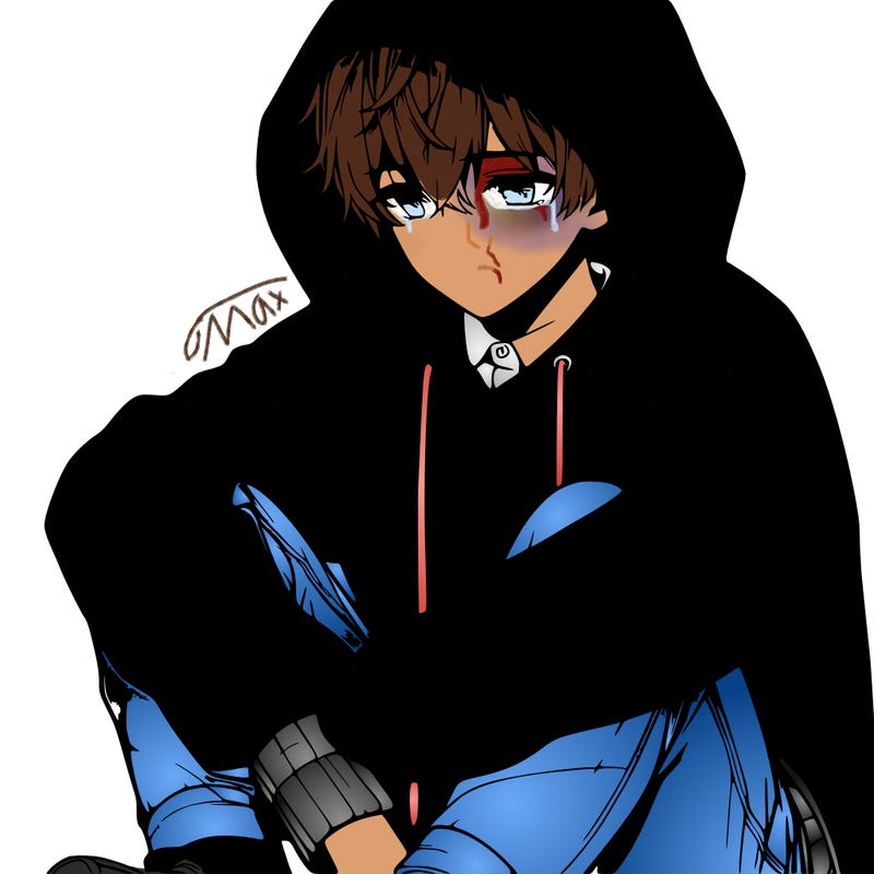 realistic anime boy sitting down with his hoodie bee his head looking down