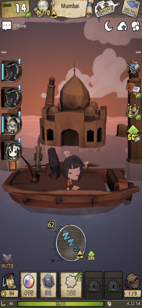 A Girl Adrift - A cute character on a wooden boat drifting in front of a submerged monument in the game A Girl Adrift