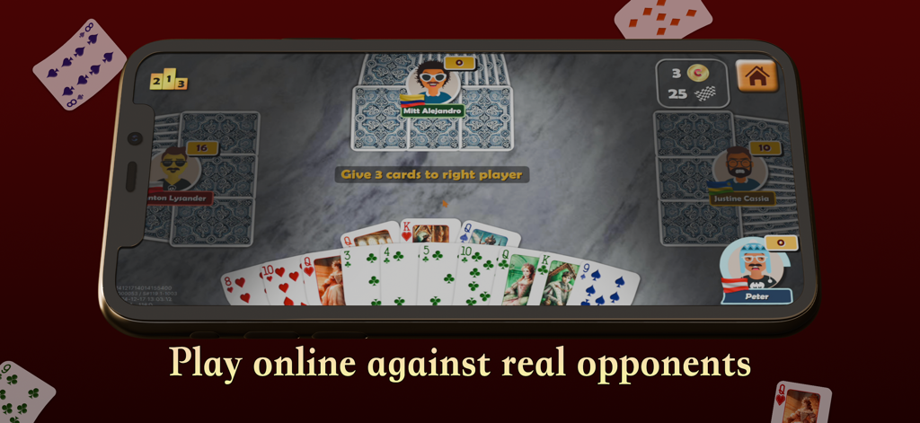 Hearts Online: Card Game - Uno schermo mobile che mostra una partita di Hearts Online con quattro avversari reali e una mano di carte.