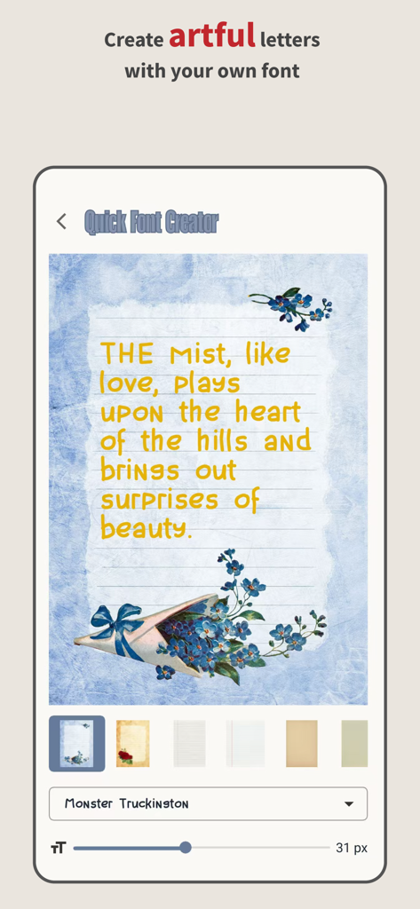 Quick Font Creator - Interface of Quick Font Creator app showing a custom handwritten font used on a digital letter with floral art