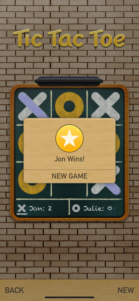 Schermata di vittoria del gioco Tris che mostra un messaggio di vittoria per il giocatore Jon e un tabellone segnapunti su lavagna