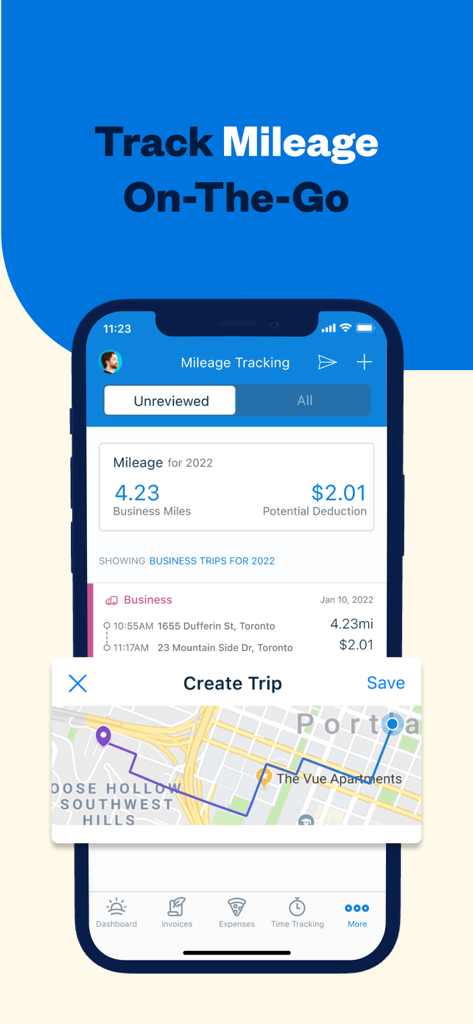 FreshBooks app interface showing business mileage tracking and potential tax deduction calculation on a mobile device