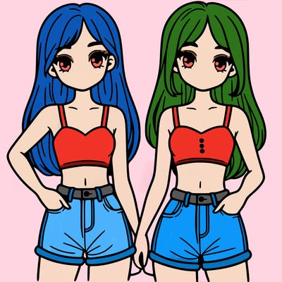 two sisters with crop tops and jean shorts and straight hair