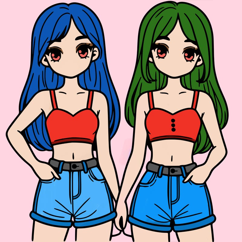 two sisters with crop tops and jean shorts and straight hair