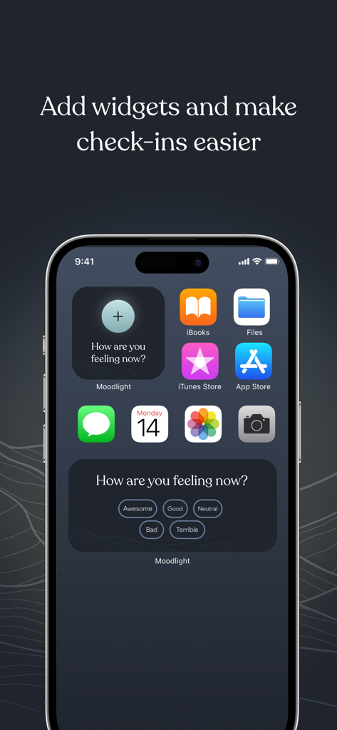 Mood AI - Daily journal - iPhone-Startbildschirm mit Mood AI Widgets für schnelle Stimmungs-Check-ins