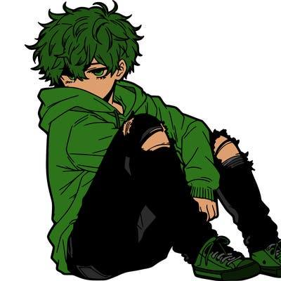 a male hoddie ripped jeans messy hair anime