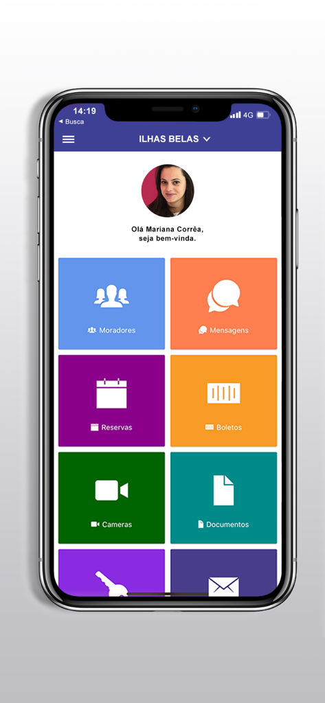 Excel Condomínio Digital - Dashboard mobile dell'app Excel Condominio Digital che mostra funzionalità come messaggi residenti, prenotazioni e fatture.