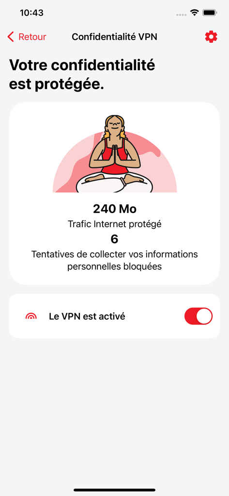 Interfaz de la aplicación Darty Sécurité que muestra el estado activo de la VPN y los intentos de rastreo bloqueados