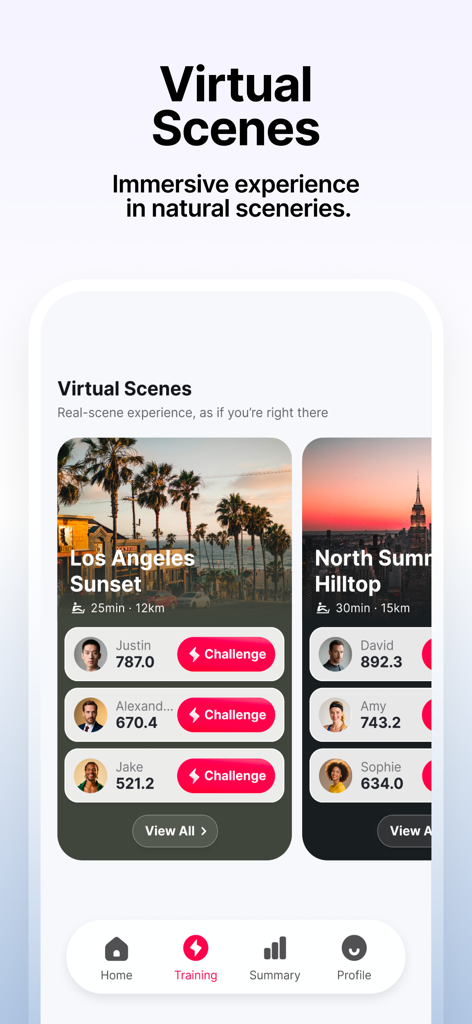 MERACH app interface showing virtual training scenes including Los Angeles Sunset and North Summit Hilltop with a leaderboard of user challenges.