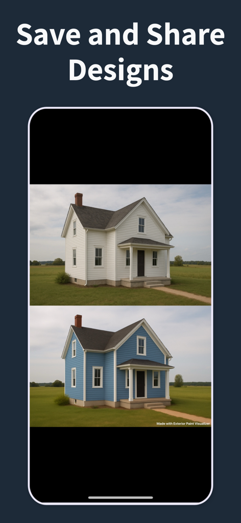 Uma comparação lado a lado de antes e depois de uma casa branca sendo visualizada em azul