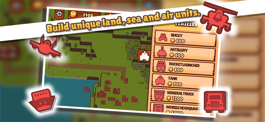 Front Armies RTS game screenshot featuring the vehicle unit production menu and a tactical map.