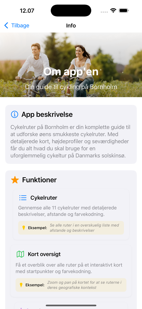 Bike Routes on Bornholm - Info-Bildschirm der Fahrradrouten-App Bornholm, der Funktionen und Beschreibung anzeigt.