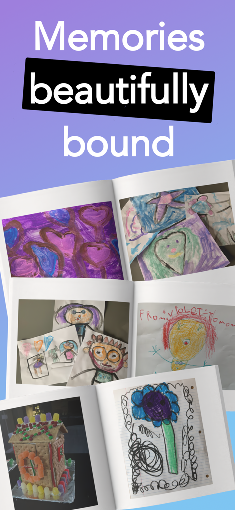 Printed photo books displaying children's colorful drawings and a gingerbread house craft