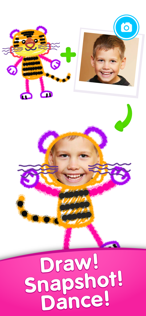 El rostro de un niño integrado en un colorido dibujo de tigre usando la función de captura de la aplicación.