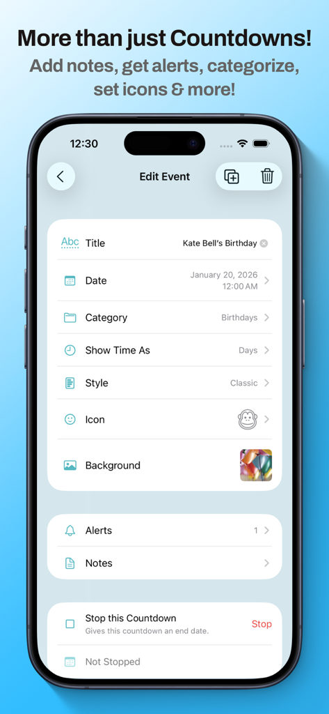 Countdown Days Since & Until - iPhone screen showing the edit event interface for a birthday countdown with options for alerts categories and icons