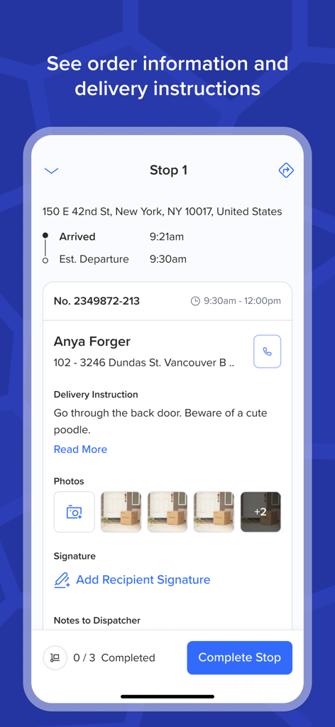 Routific - Routific mobile app interface showing stop details and delivery instructions
