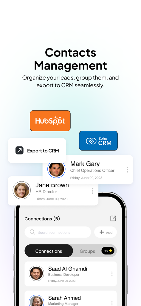 Tap - Digital Business Card - Tap app interface showing professional contacts management and integration options for HubSpot and Zoho CRM