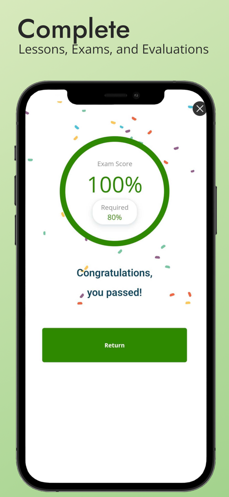 Benutzeroberfläche der mobilen Relias Learner App, die eine Punktzahl von 100 Prozent in einer abgeschlossenen Prüfung mit einer Glückwunschmeldung anzeigt