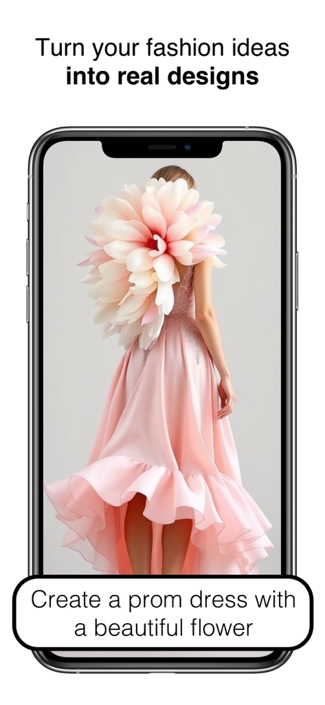 Un smartphone que muestra un vestido de gala rosa con un gran diseño de flor en la espalda generado por la aplicación Fashion Design AI