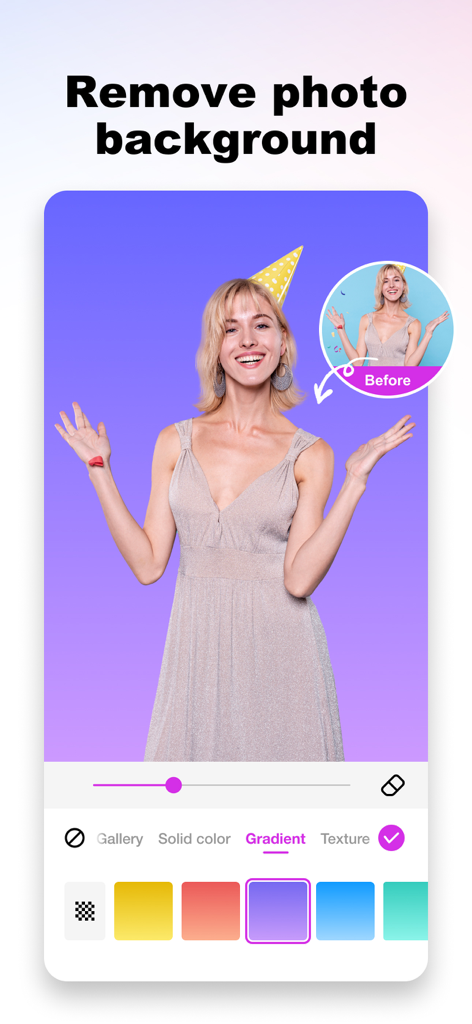 Background Eraser&Photo Editor - Una captura de pantalla de la aplicación Borrador de Fondos que muestra a una mujer con un gorro de fiesta con un fondo degradado morado reemplazado y una vista previa de antes y después.