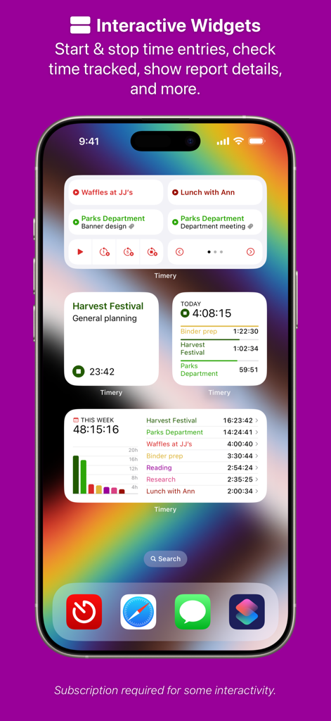Timery: Time Tracker - iPhone home screen displaying several Timery interactive widgets for tracking time and viewing weekly reports.