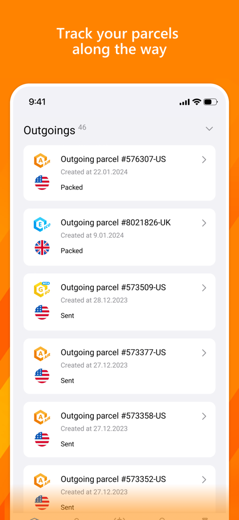 A screenshot of the Qwintry app showing a list of outgoing international parcels with their status and tracking numbers