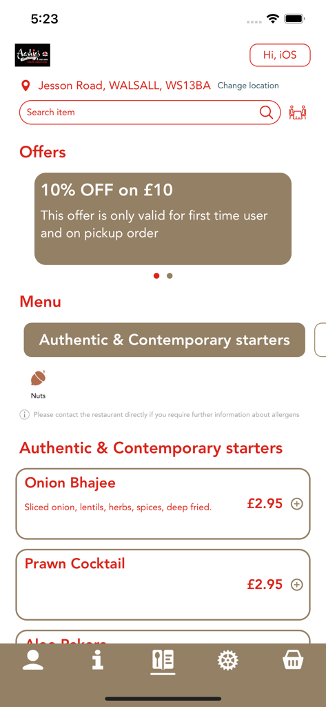 Aashiq's indian Restaurant - Menu screen of Aashiq's Indian Restaurant app showing starters and special offers