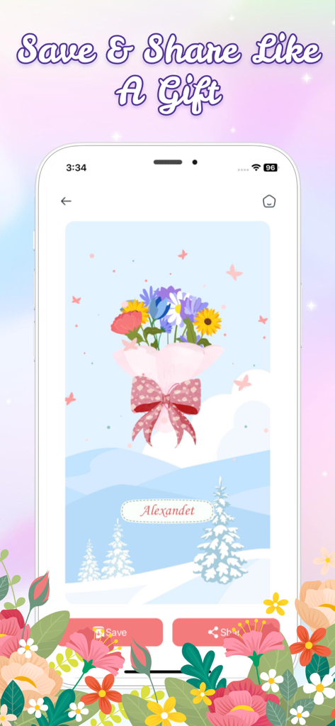 Flower Language Keyboard - A screen showing a custom flower bouquet with a name tag and buttons to save and share