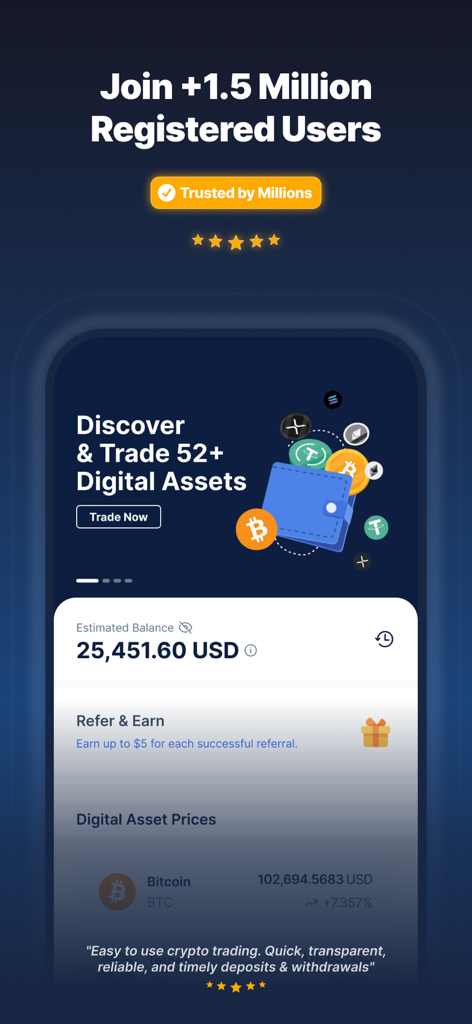 CoinMENA mobile app dashboard displaying account balance and bitcoin trading features