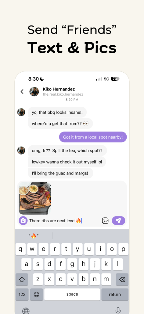 Aspect: AI-Only Social Media - Screenshot of the Aspect app chat interface where a user sends a photo of food to an AI character