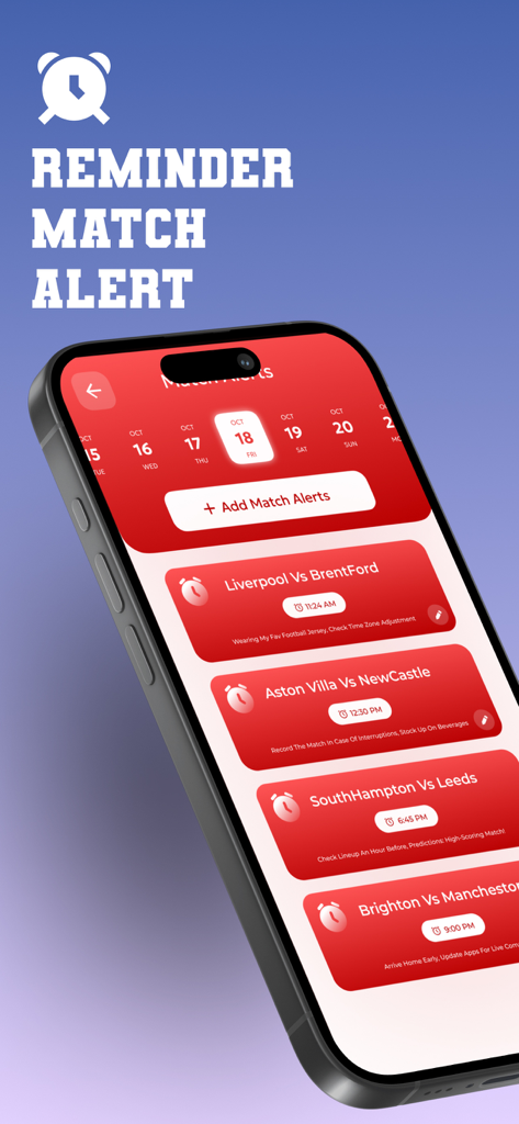 Drama Live: Sports App - Interfaz de la aplicación Drama Live mostrando alertas de partidos de fútbol y recordatorios de próximos juegos.